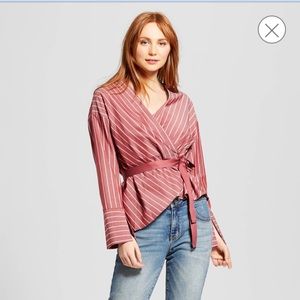 NWOT Who What Wear Striped Wrap Top - Red
